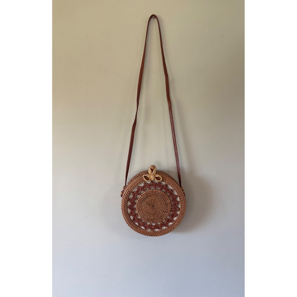 Lulus Round Rattan Crossbody Bag Woven Straw Boho Circle Purse Brown CottageCore